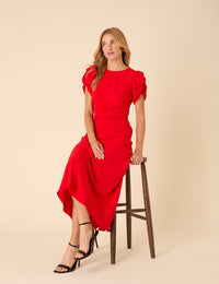 Red Shirred Naomi Midi Dress