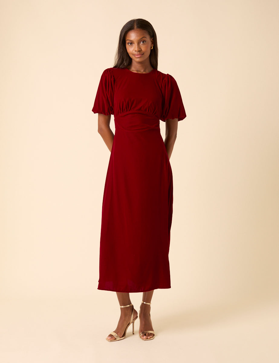 Red Puff Sleeve Cut-Out Back Midi Dress