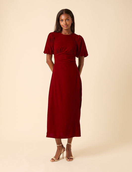 open lace back dress Red Velvet Puff Sleeve Zoi Midi Dress