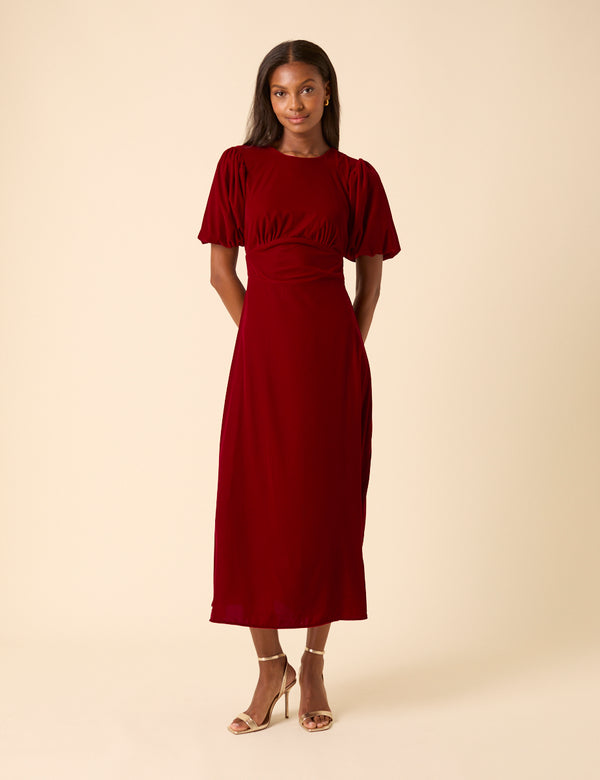 Red Velvet Puff Sleeve Zoi Midi Dress