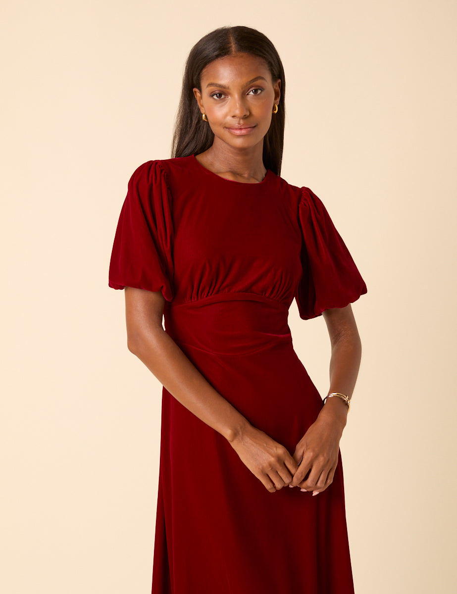 velvet red dress short Red Velvet Puff Sleeve Zoi Midi Dress