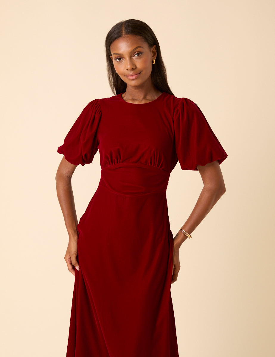 Red Puff Sleeve Zoi Midi Dress