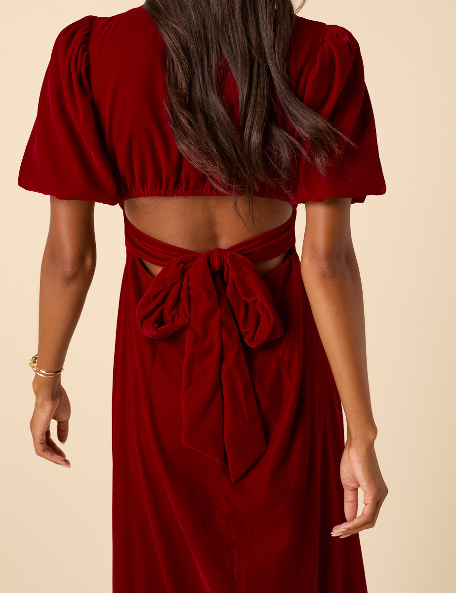 Red Velvet Puff Sleeve Zoi Midi Dress Red Velvet Puff Sleeve Zoi Midi Dress
