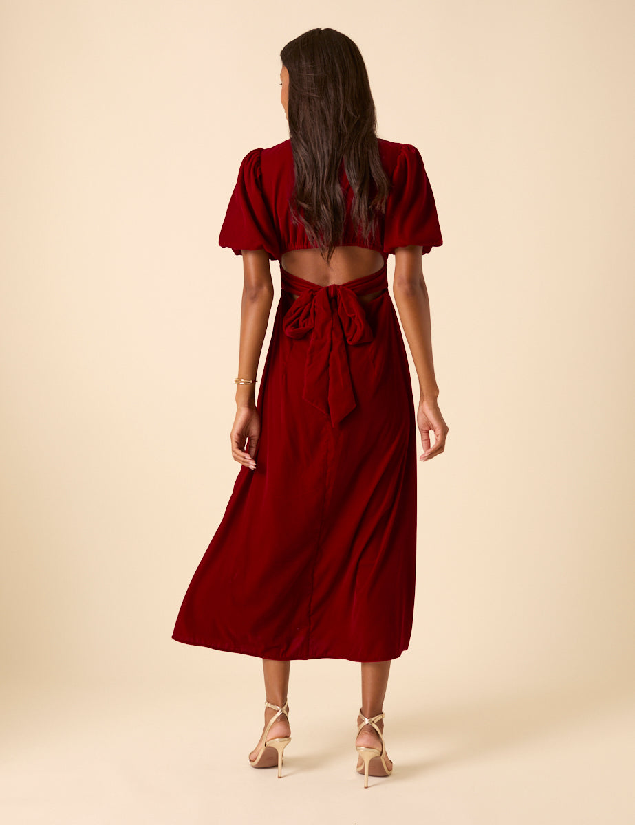 Red Velvet Puff Sleeve Zoi Midi Dress Red Velvet Puff Sleeve Zoi Midi Dress
