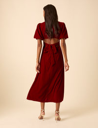 Red Velvet Puff Sleeve Zoi Midi Dress