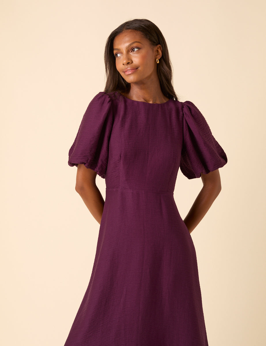 Purple Puff Sleeve Zola Midi Dress