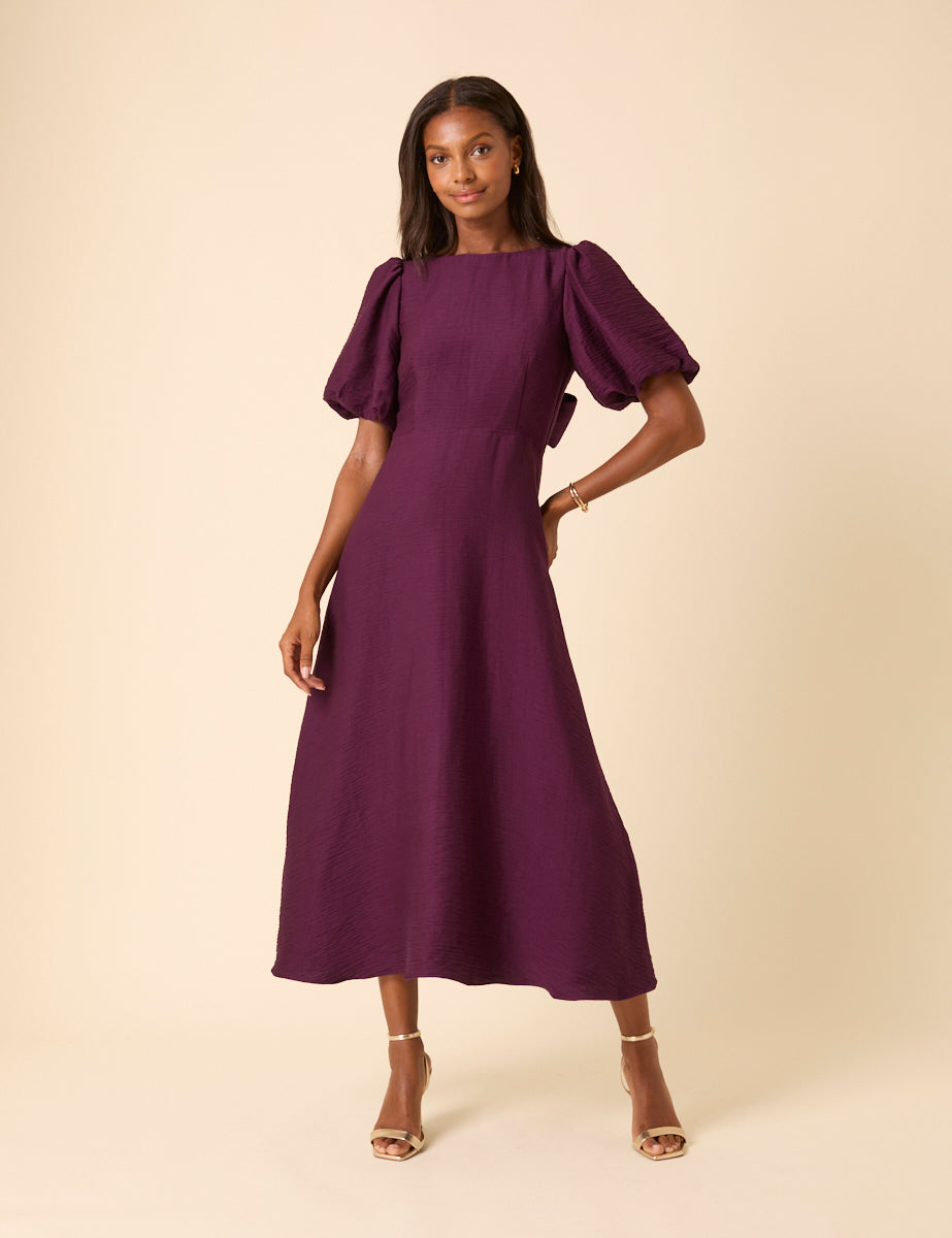 Purple Puff Sleeve Zola Midi Dress