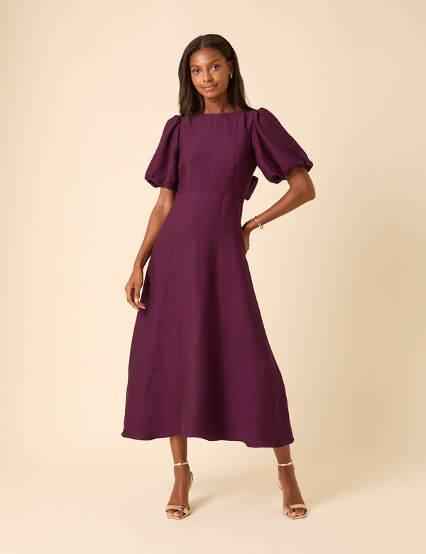 Purple Puff Sleeve Zola Midi Dress
