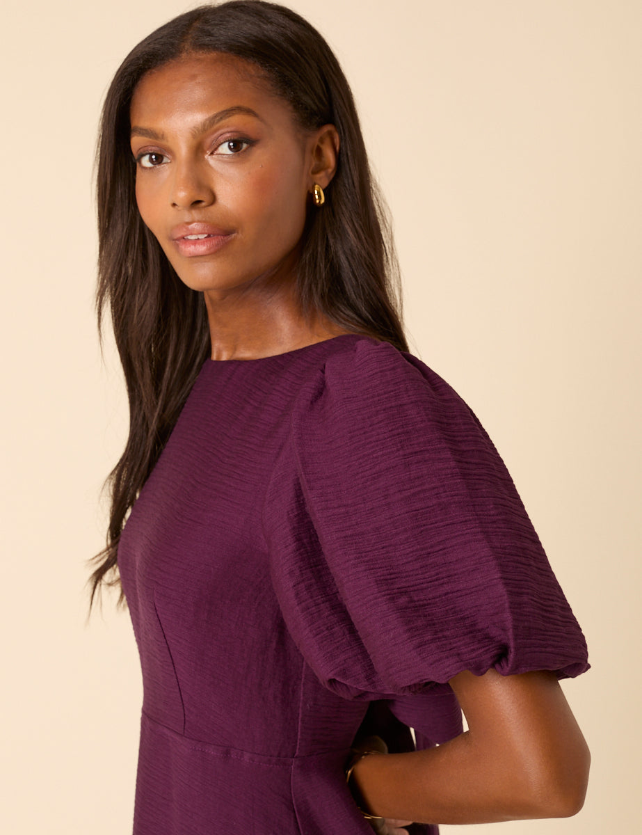 Purple Puff Sleeve Zola Midi Dress