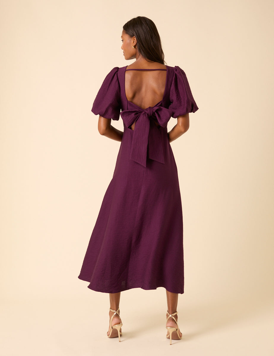 Purple Puff Sleeve Zola Midi Dress