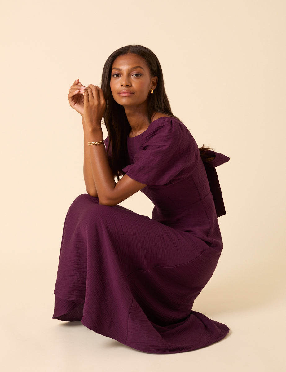 Purple Puff Sleeve Zola Midi Dress