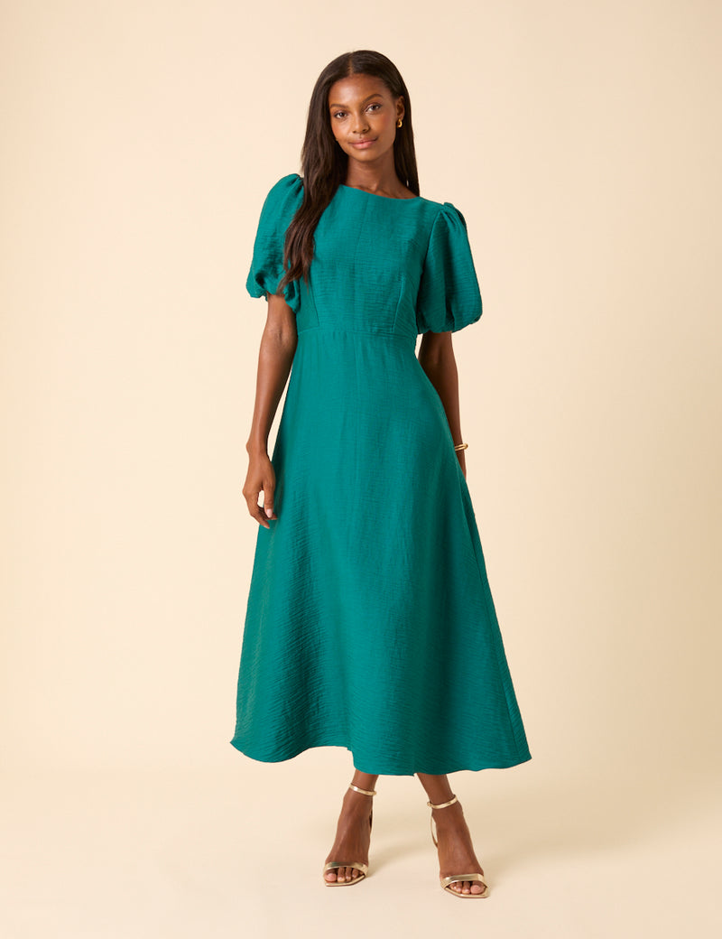 Green Puff Sleeve Zola Midi Dress