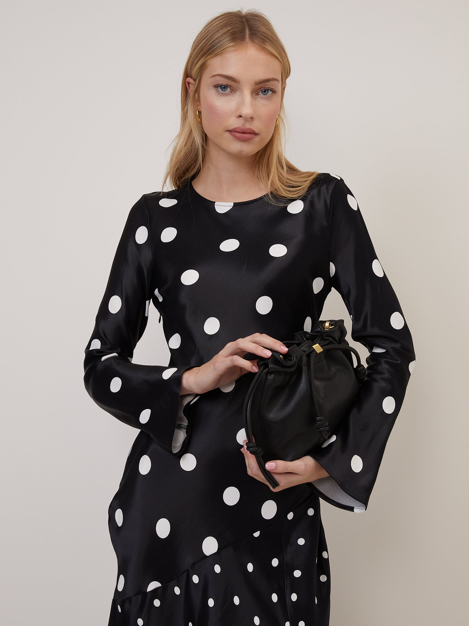 Black Polka Dot Asymmetrical Drop Alaia Midi Dress