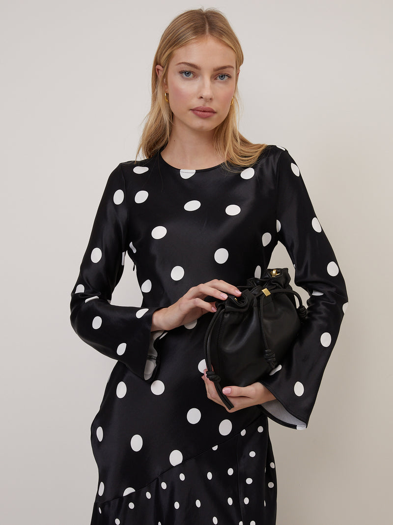 Black Polka Dot Asymmetrical Drop Alaia Midi Dress