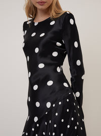 Black Polka Dot Asymmetrical Drop Alaia Midi Dress