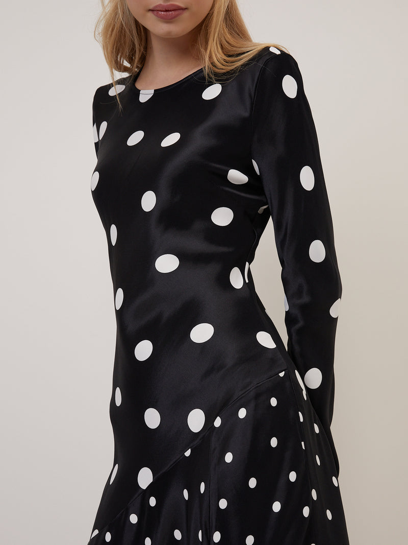 Black Polka Dot Asymmetrical Drop Alaia Midi Dress