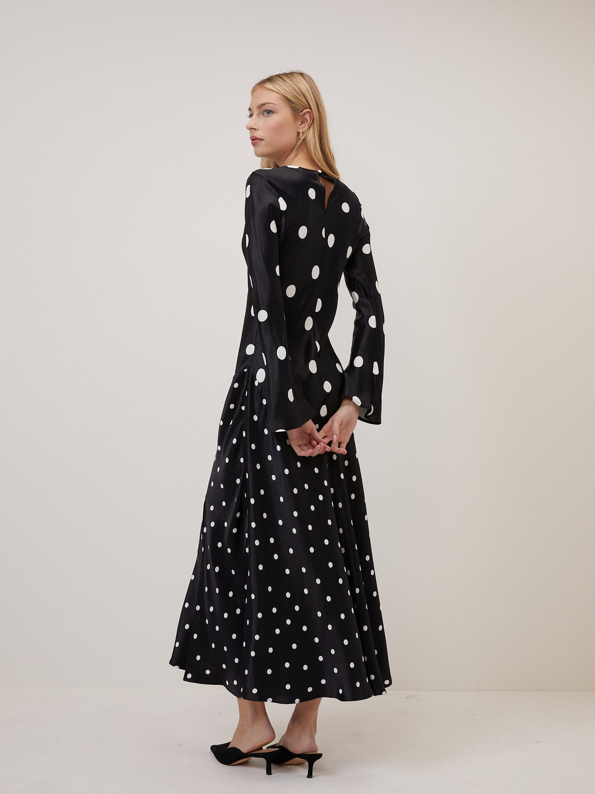 Black Polka Dot Asymmetrical Drop Alaia Midi Dress