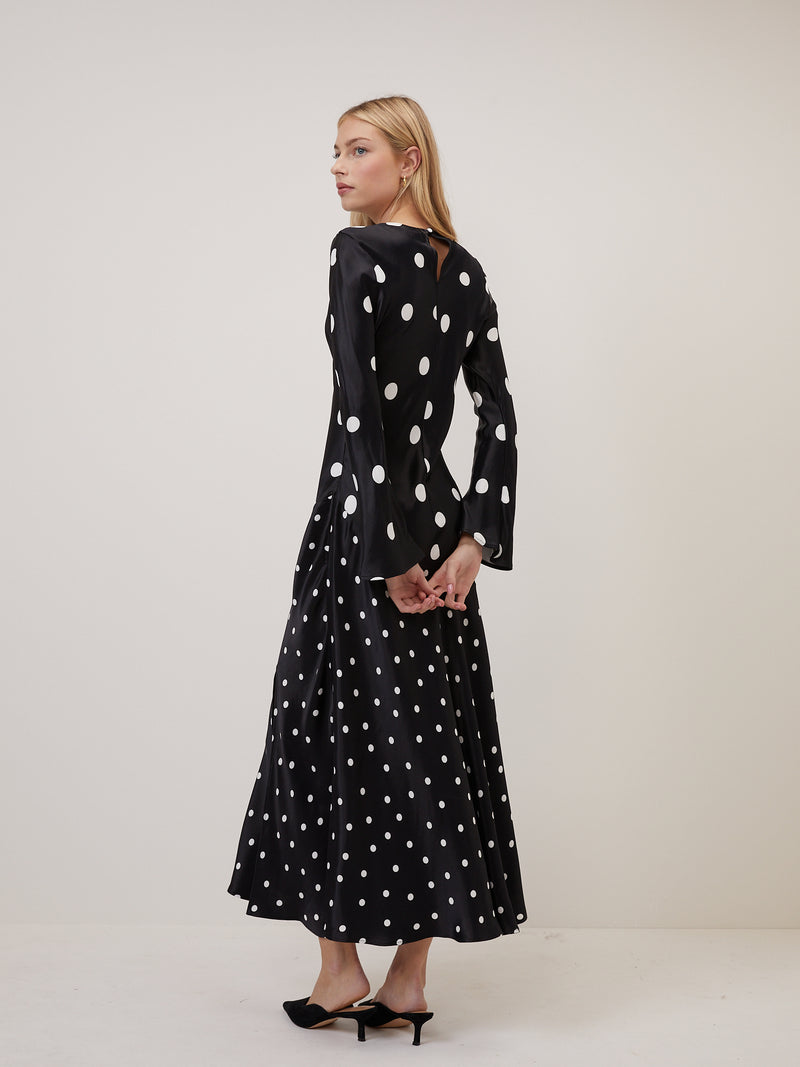 Black Polka Dot Asymmetrical Drop Alaia Midi Dress