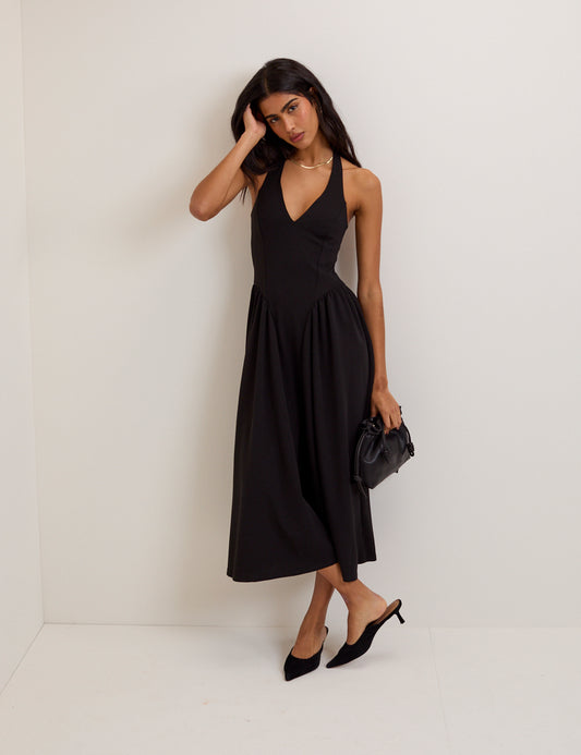 black turtleneck midi dress TEODORA Black High Neck Sleeveless A-line Princess Cut Midi Dress – Matea  Designs main image 1