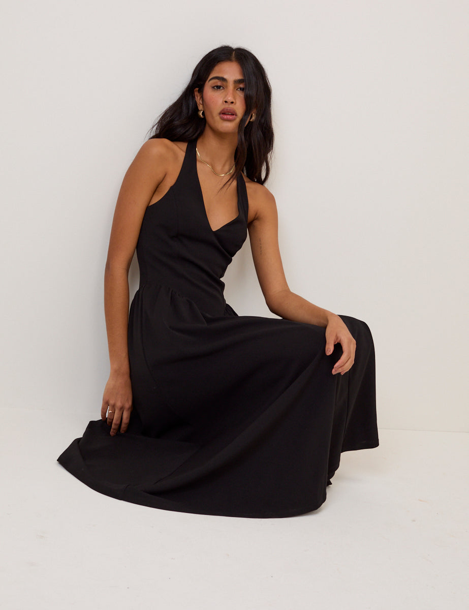 black halter midi dress Women's Champagne Mood Floral in Hidden back zipper/clasp Black Satin Halter Midi Dress