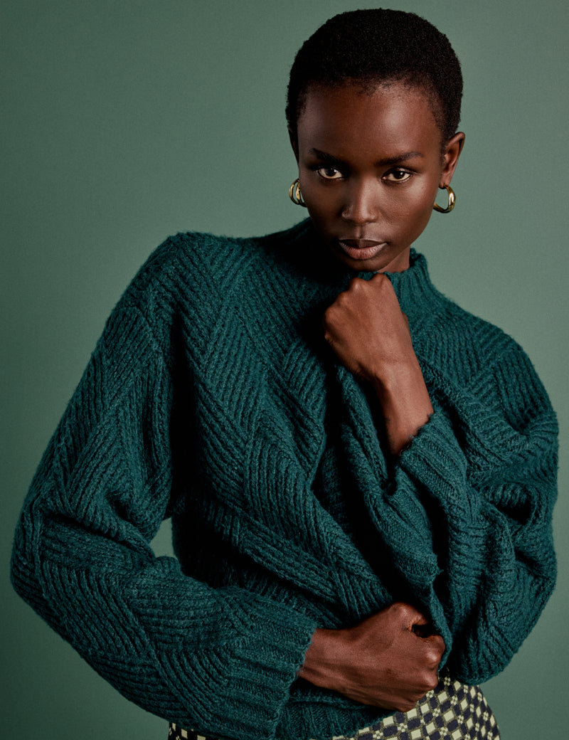 NC x Lisou Dark Green Mixed Stitch Checkerboard Knit Jumper