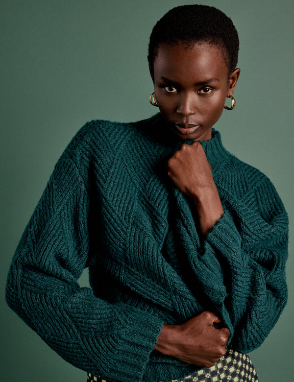 NC x Lisou Dark Green Mixed Stitch Checkerboard Knit Jumper