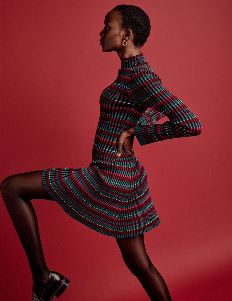 Burgundy Striped Knitted Pleated Mini Dress