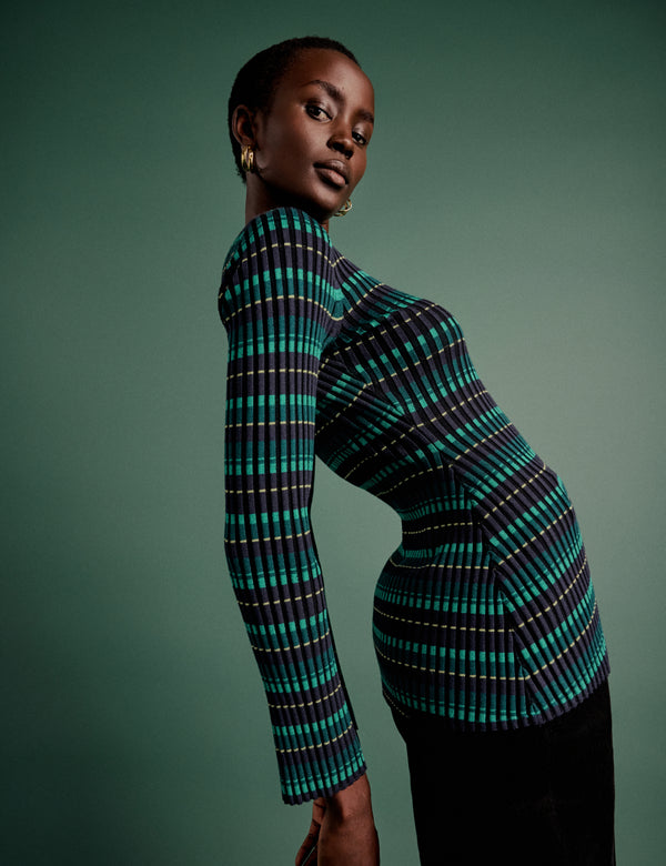 NC x Lisou Green Ribbed Knitted Pleated Long Sleeve Top