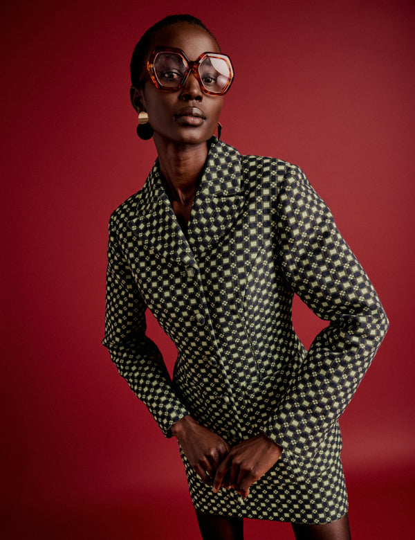 NC x Lisou Black and Lime Green Jacquard Checkerboard Fitted Blazer