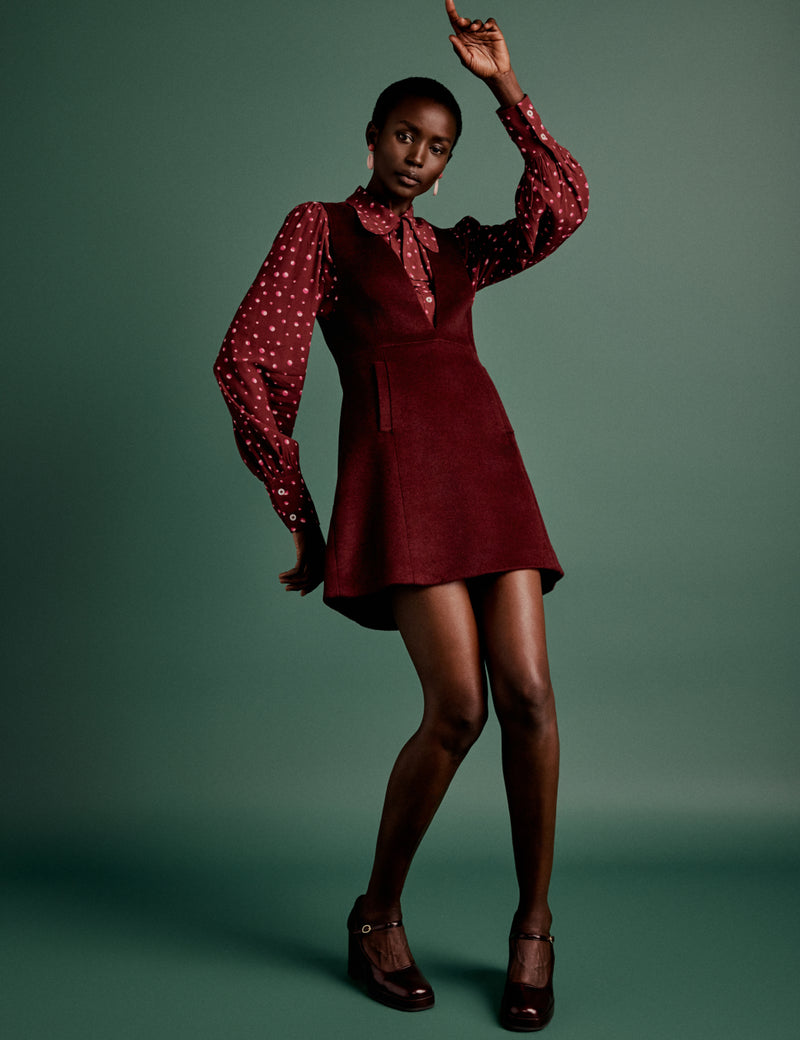 Burgundy Wool Blend Pinafore Dress A-Line