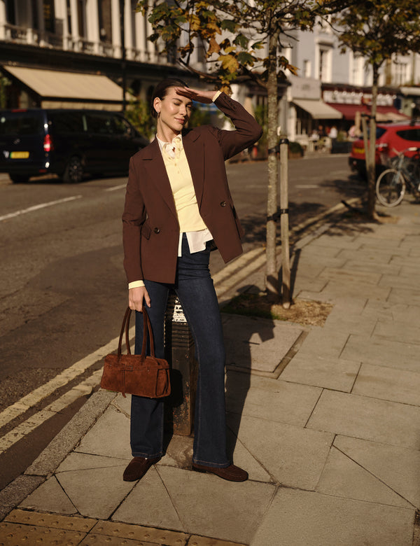 Brown Suede Baguette Shoulder Bag
