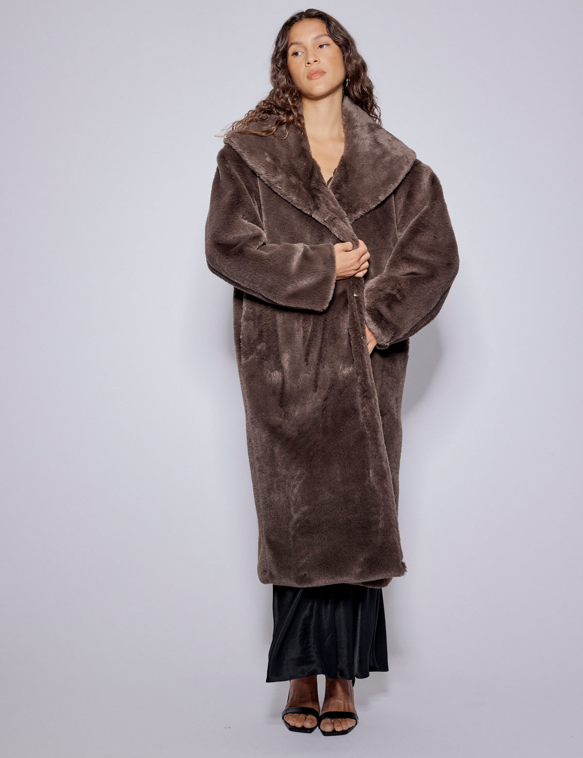 Brown Faux Fur Collared Longline Jacket