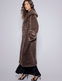 Brown Faux Fur Collared Longline Jacket