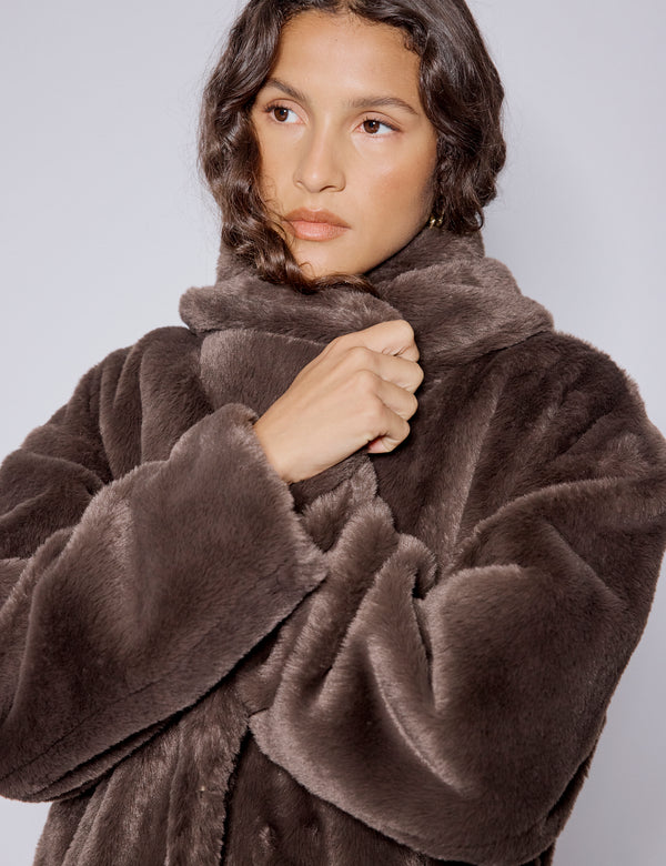 Brown Faux Fur Collared Longline Jacket