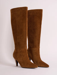 Brown Suede Knee High Heeled Boots