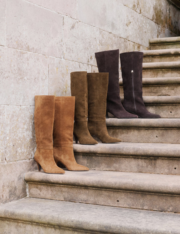 Brown Suede Knee High Heeled Boots