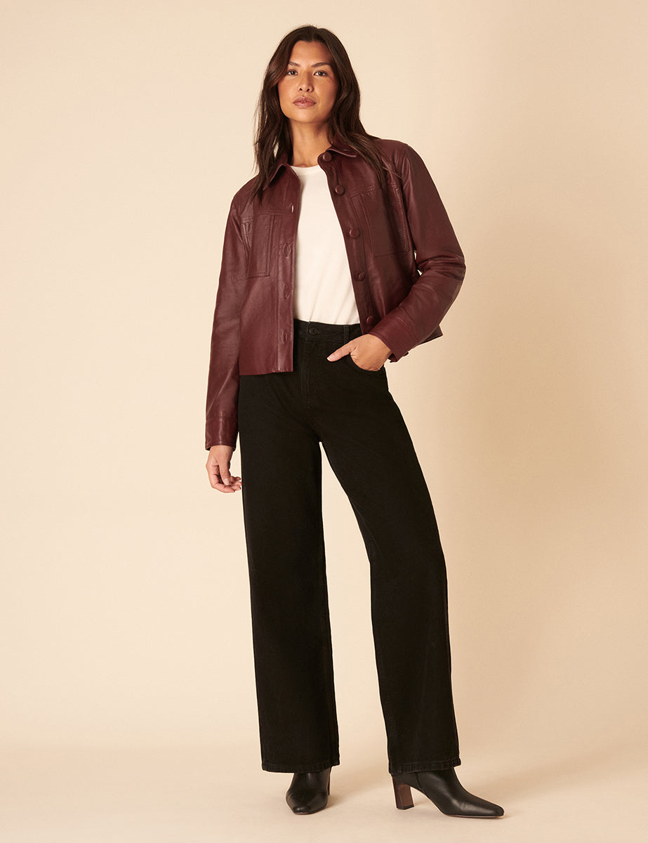 Burgundy Cropped Leather Jacket