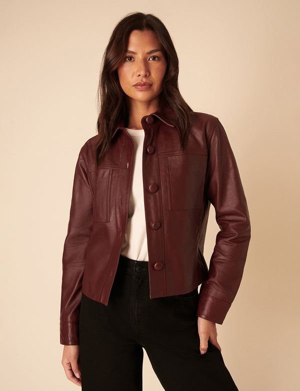 Burgundy Cropped Leather Jacket