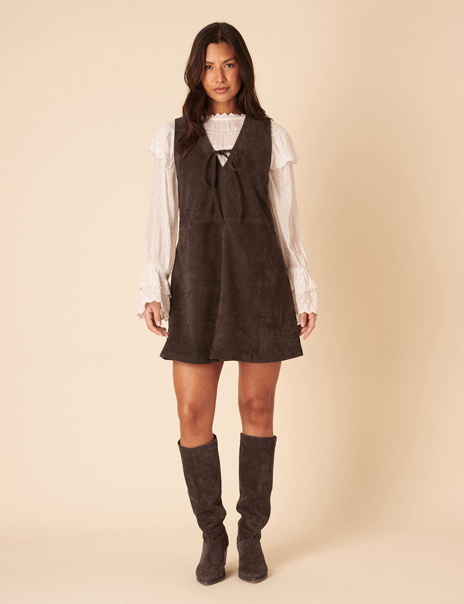 Dark Brown Suede Mini Pinafore Dress