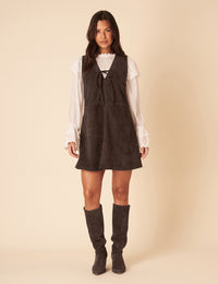 Dark Brown Suede Mini Pinafore Dress