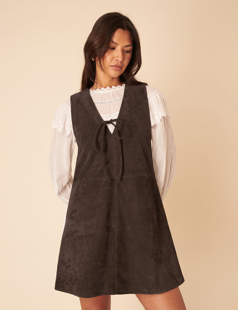Chocolate Brown Suede Sleeveless Mini Pinafore Dress