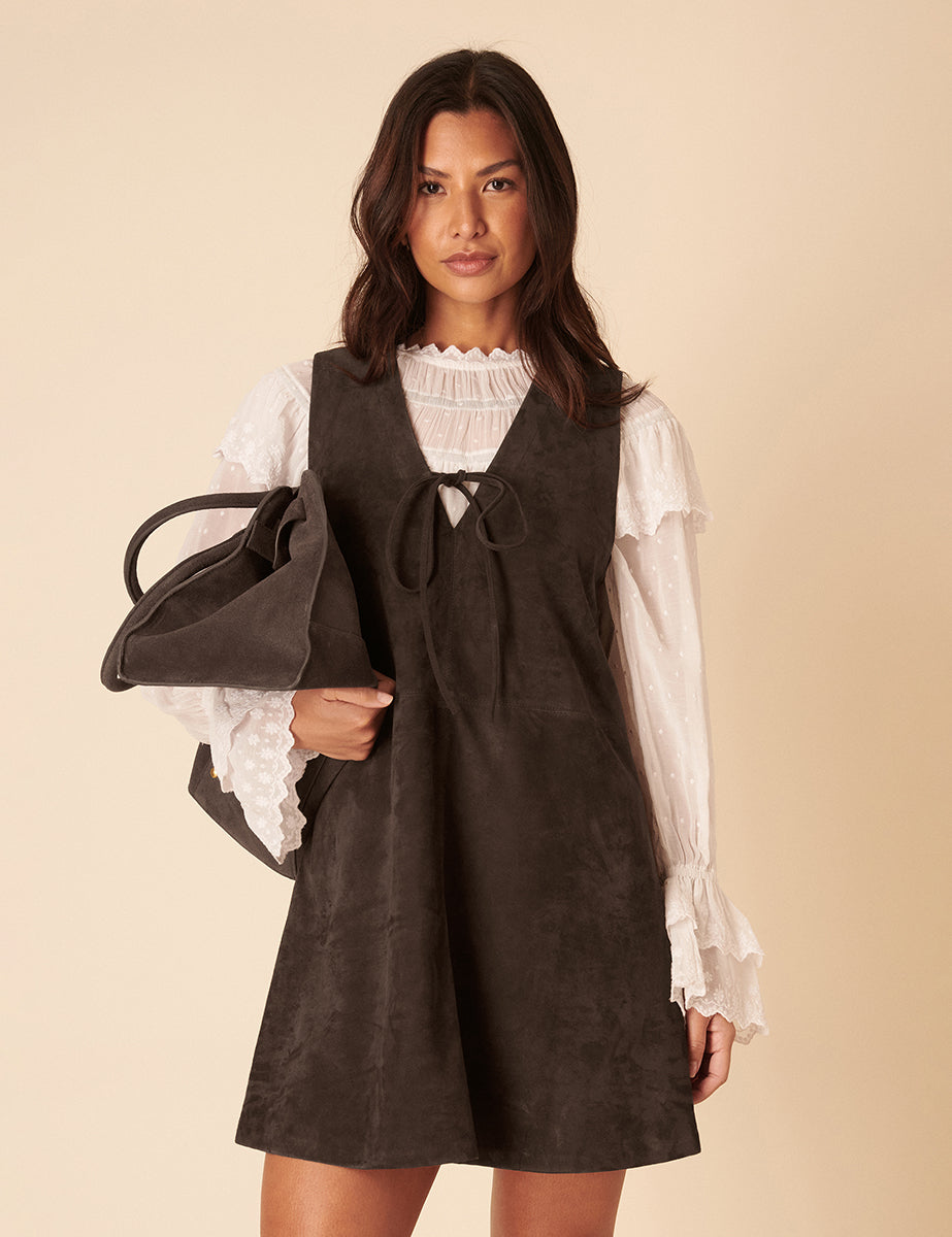 Dark Brown Suede Mini Pinafore Dress