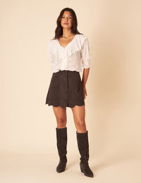 Brown Scallop Suede Skirt