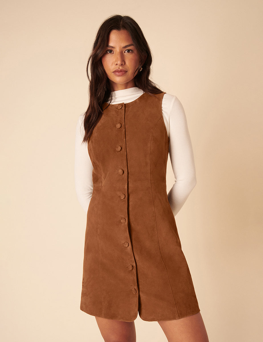 Brown Suede Eleanor Mini Pinafore Dress Brown Suede Eleanor Mini Pinafore Dress