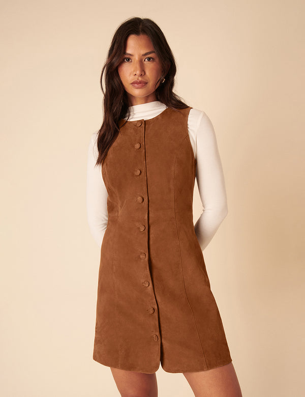 Brown Suede Eleanor Mini Pinafore Dress
