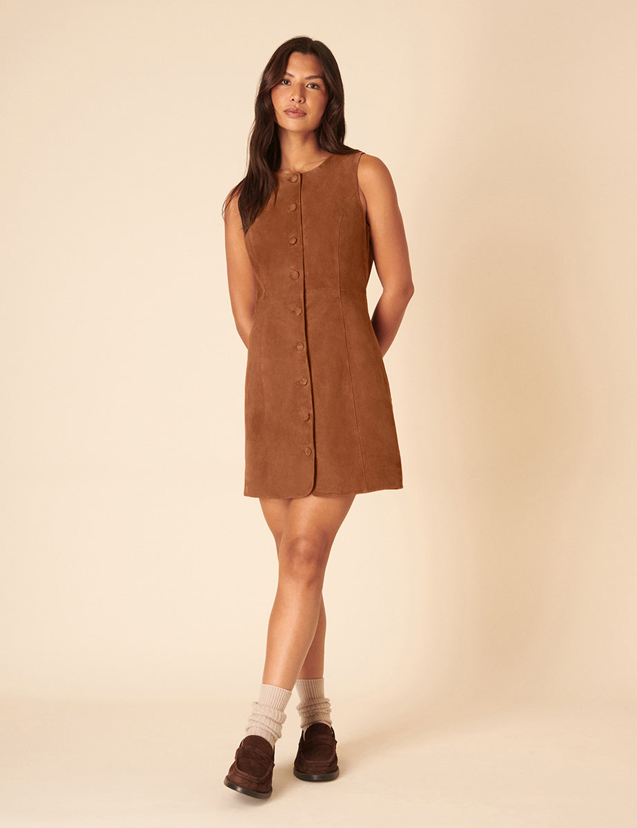 Brown Suede Eleanor Mini Pinafore Dress Brown Suede Eleanor Mini Pinafore Dress