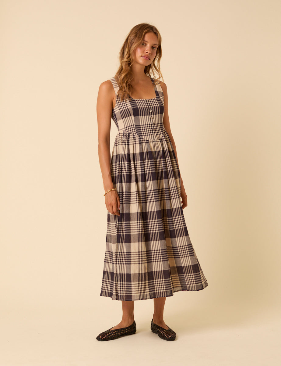 Navy and Cream Tartan Check Cora Midi Dress Navy and Cream Tartan Check Cora Midi Dress