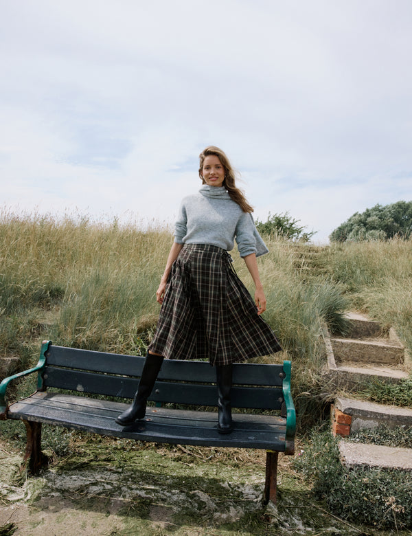 Green Check Tailored Kilt Midi Skirt