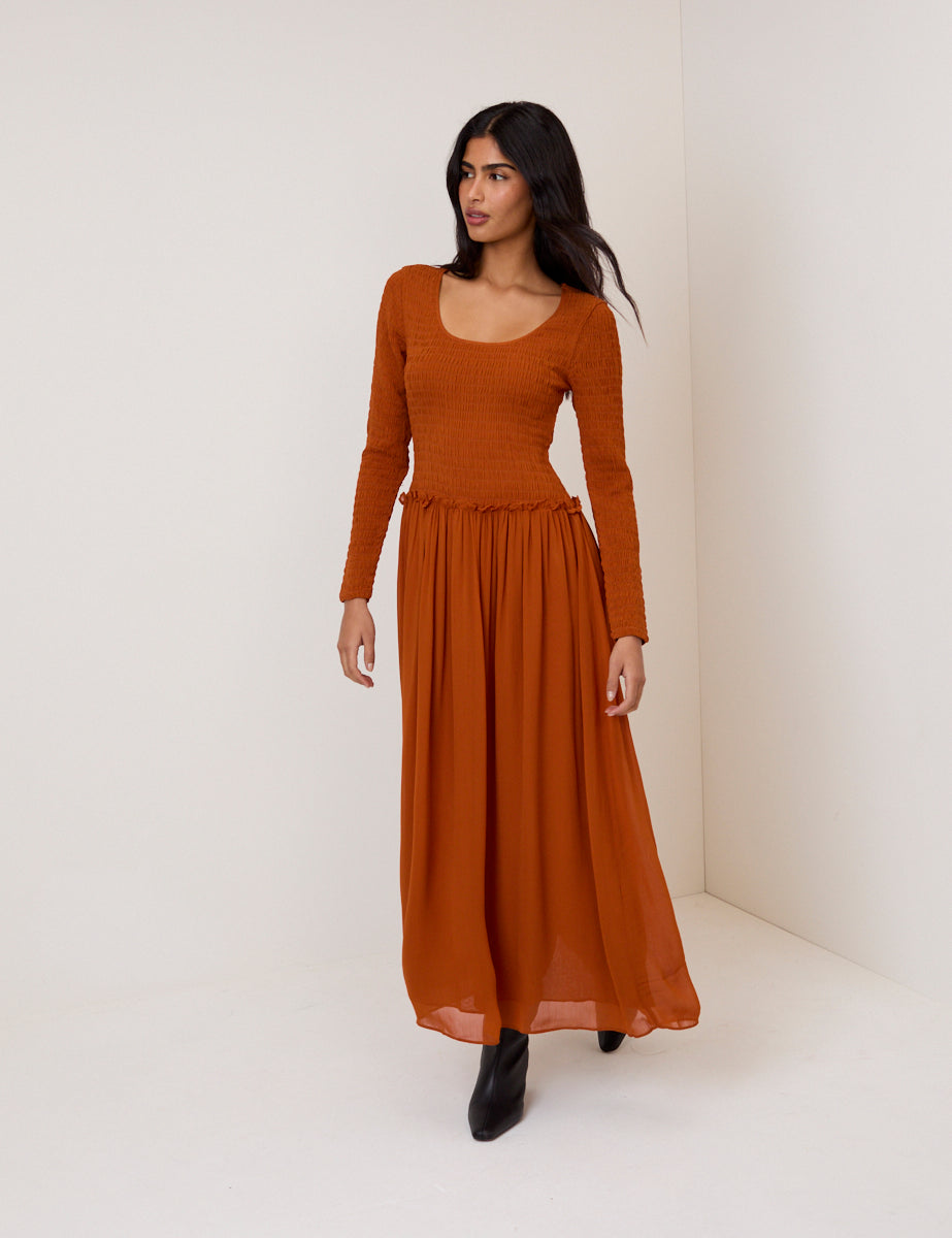 Burnt Orange Shirred Long Sleeve Sorelle Midi Dress Burnt Orange Shirred Long Sleeve Sorelle Midi Dress