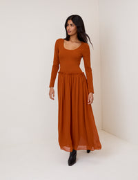 Brown Shirred Long Sleeve Sorelle Midi Dress